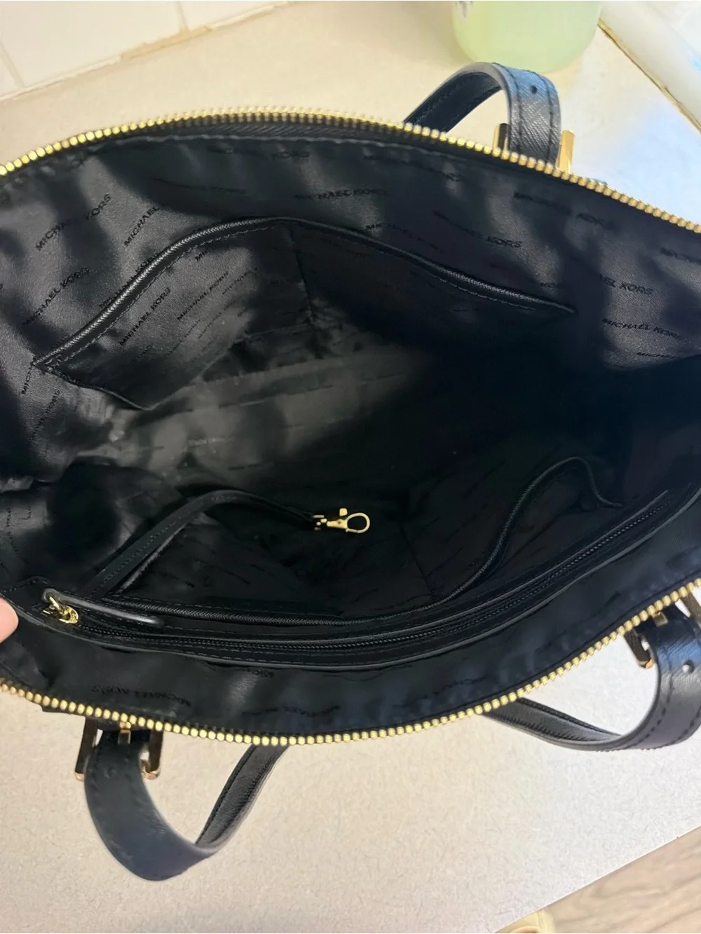 Michael Kors Black Leather Tote with Gold MK Charm